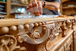 Master Craftsman Measuring Ornate Wooden Carving. Generative ai