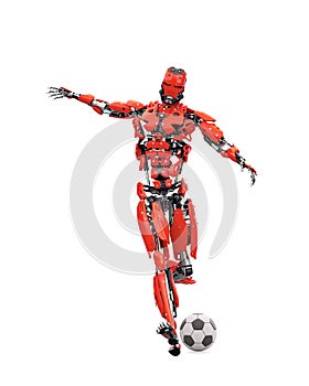 master cyber robot is kicking the football ball