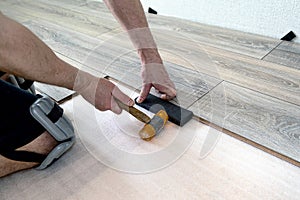 The master does the work of laying the floor laminate, a special tool in his hands.