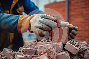 The master in gloves lays stones. Brick paving by professional paver worker. Generative AI technology