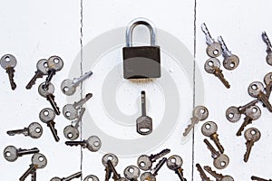 Master key around key on white wood background