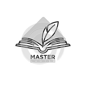 Master lawyer company logotype. Open book with feather pen