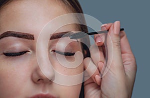 Master makeup corrects, and gives shape to pull out with forceps previously painted with henna eyebrows in a beauty salon.