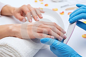 The master of the manicure saws and attaches a nail shape during the procedure of nail extensions in the beauty salon.