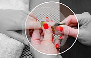 The master of the nail polish puts a fixative on the finger before making the nails gel in the beauty salon. Professional care for