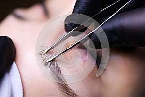 Master of permanent makeup prepares the client`s eyebrows for the procedure plucking out the hairs with tweezers