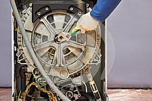 Master repairs washing machine. repair of equipment with wrench