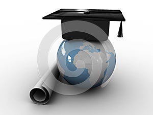 Master's cap for graduates in the globe. 3D