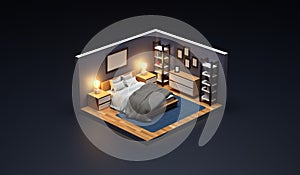 master suite in isometric 3D view on dark gray background