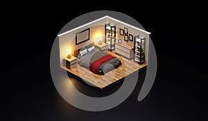 master suite in isometric 3D view on dark gray background