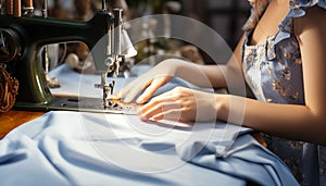 Master tailors hands, female, deftly operate a sewing machines needle