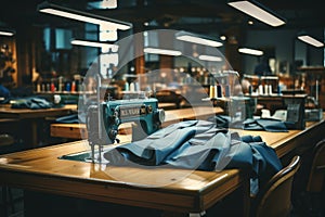 Master tailors workshop desk with sewing machine, tools, fabrics, and materials