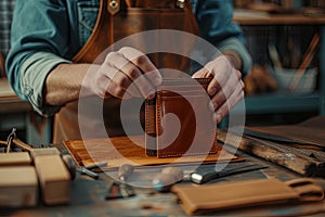 Master tanner in his leather workshop working on a leather wallet