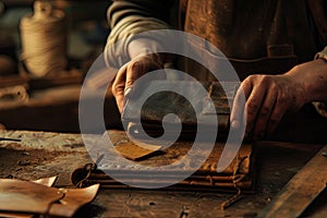 Master tanner in his leather workshop working on a leather wallet