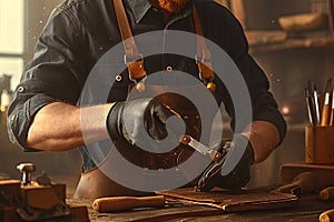 Master tanner in his leather workshop working on a leather wallet