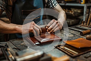 Master tanner in his leather workshop working on a leather wallet photo
