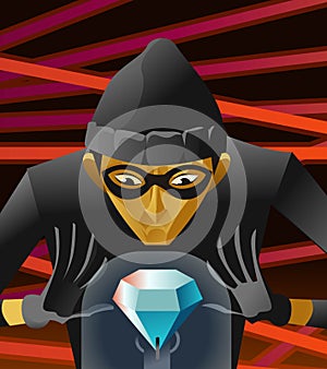 Master thief stealing a diamond in museum near laser rays alarm