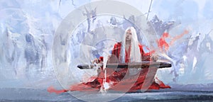 A master of the world playing the guqin, digital painting