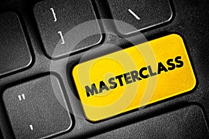 Masterclass text button on keyboard, concept background