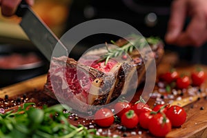 Masterful cut Chef skillfully slices through a substantial beef piece