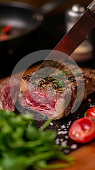 Masterful cut Chef skillfully slices through a substantial beef piece