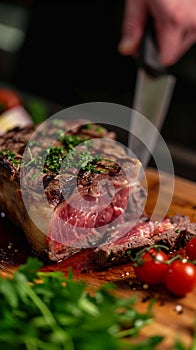 Masterful cut Chef skillfully slices through a substantial beef piece