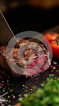 Masterful cut Chef skillfully slices through a substantial beef piece