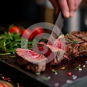 Masterful cut Chef skillfully slices through a substantial beef piece