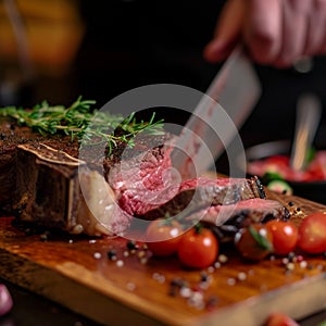 Masterful cut Chef skillfully slices through a substantial beef piece