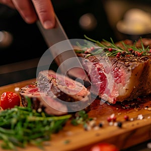 Masterful cut Chef skillfully slices through a substantial beef piece