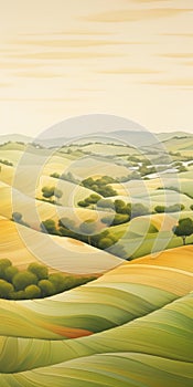 Masterful Shading: A Vast Countryside Illustration In Light Gold And Green