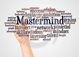 Mastermind word cloud and hand with marker concept