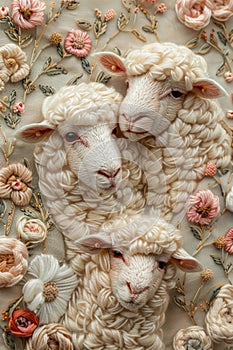 a masterpiece with embroidered sheep and delicate flowers