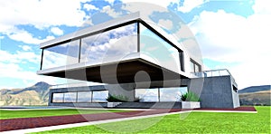 A masterpiece of impossible architecture. Futuristic suburban housing project. Panoramic window of the console second floor.