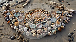 A masterpiece of a mandala made from a combination of vibrant seashells beach pebbles and bits of driftwood creating a