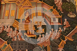 Masterpiece of traditional Thai style painting art old about Bud