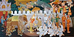 Masterpiece of traditional Thai style painting art old about Buddha story on temple wall at Watmanow, Bangkok,Thailand