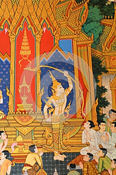 Masterpiece of traditional Thai style painting art old about Buddha story on temple wall at Watmanow, Bangkok,Thailand