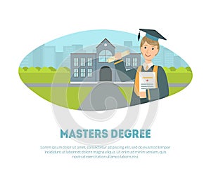 Masters Degree Banner Template, Happy Male Graduate Student Wearing Gown and Cap Celebrating Graduation of University