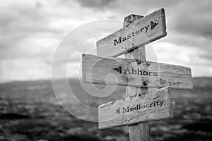 Mastery abhors mediocrity text quote on wooden signpost photo