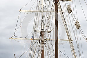 Masting of big wooden sailing ship, detailed rigging