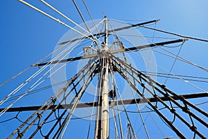 Masting of big wooden sailing ship, detailed rigging without sails