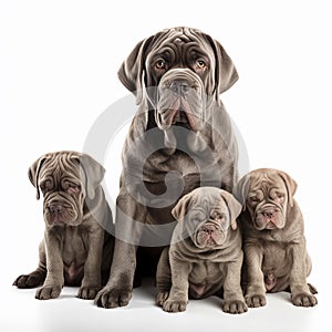 Mastino Neapolitano with puppies close up portrait isolated on white background. Brave pet, loyal friend,