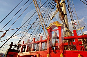 Masts and rigging of an old wooden sailboat. Details deck of the ship