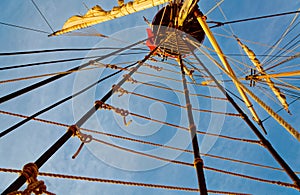 Masts and rigging of an old wooden sailboat. Details deck of the ship