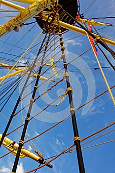 Masts and rigging of an old wooden sailboat. Details deck of the ship