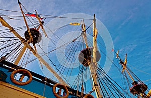 Masts and rigging of an old wooden sailboat. Details deck of the ship