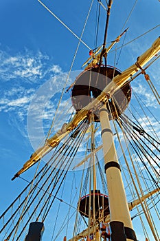 Masts and rigging of an old wooden sailboat. Details deck of the ship