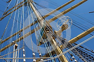 Masts of a sailing ship with the lowered sails.