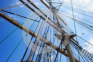 Masts of a sailing ship with the lowered sails.
